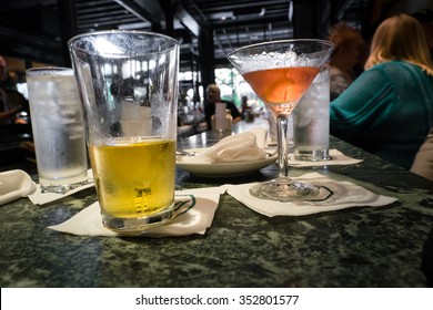 Alcohol Drinks On A Granite Bar Top.