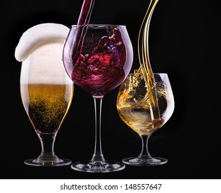 Alcohol Drinks Set Isolated On A Black Background - Beer,wine,scotch