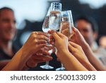 Alcohol, hands and toast with friends outdoor for celebration or social gathering together closeup. Bubbles, champagne and festive cheers with group of people cheering for milestone or new years