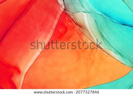 Alcohol ink abstract background, macro photo. Watercolor texture for design. Blank space for text. Red, orange, blue, black colors. High resolution texture. There is blank place for text.