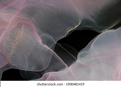 Alcohol ink colors pink on the blackbackground. Abstract pink marble texture background. Design wrapping paper, wallpaper. Mixing acrylic paints. Modern fluid art. Ethereal graphic design