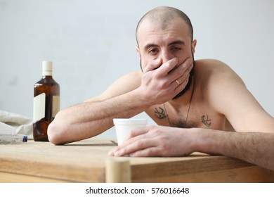 Alcohol Poisoning. Russian Man Covers Her Mouth, The Gag Reflex