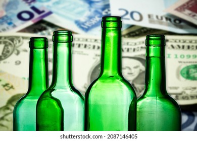Alcohol price background. Wine bottle excise. Increasing high alcohol tax.