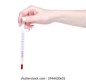 Alcohol thermometer for liquid in hand on white background isolation