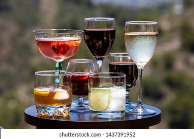Alcoholic beverages. Different types of alcoholic beverages poured into different types of glasses. - Shutterstock ID 1437391952