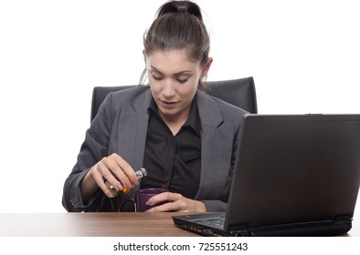 Alcoholic Business Woman Sneaking A Drink At Work Sitting At Her Desk