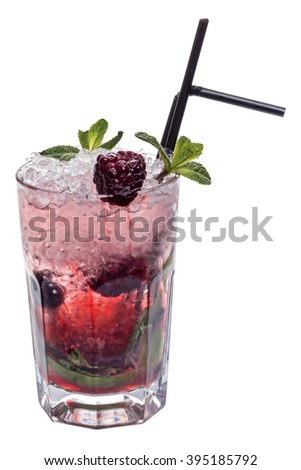 Alcoholic cocktail "Blackberry Mojito": Rum, Lime, Peppermint, Blackberry liqueur, Blackberry, Angostura, Soda Water.
