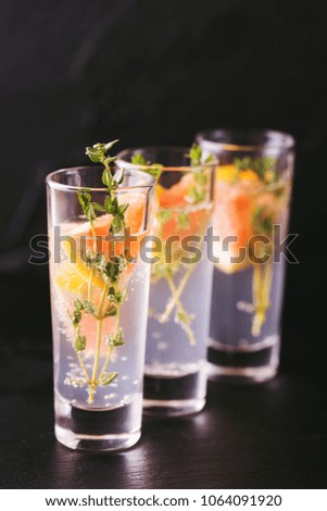 Alcoholic cocktail gin bitter lemon with thyme and grapefruit. Black background. Vertical view. Copy space