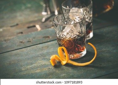 Alcoholic Cocktail  With Orange Peel And Ice