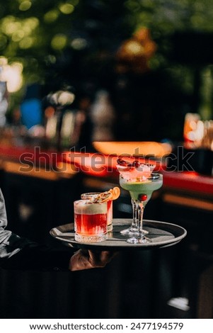 Alcoholic cocktails set, strong drinks and aperitifs, bar tools, bottles