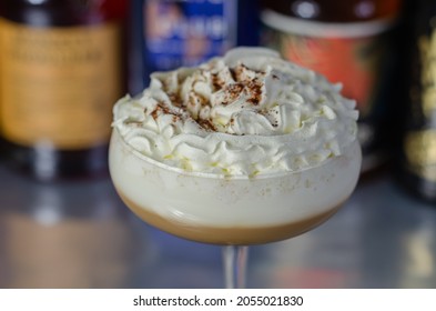 Alcoholic Coffee Cocktail With A Nutty Note And Whipped Cream, Creamy And Sweet Drink