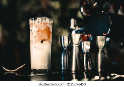 Alcoholic Coffee Creamy Cocktail In Glass In Bar