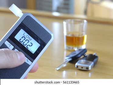 Alcoholic drink, breathalyzer and car keys - do not drink and drive concept - Shutterstock ID 561133465