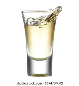 Alcoholic drink golden liquor in party glass shot isolated on white background with liquid splash