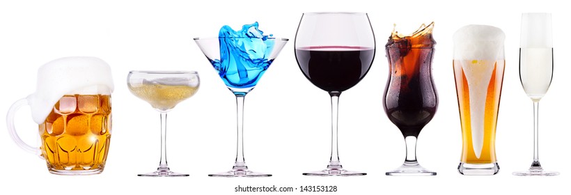 Alcoholic Drinks Set With Splash - Cocktail, Cola, Beer, Wine,champagne, Juice