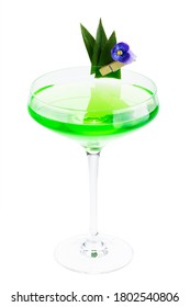 Alcoholic Green Wine Spritzer Cocktail In Champagne Saucer Glass Isolated On White Background. Drinks Menu Concept