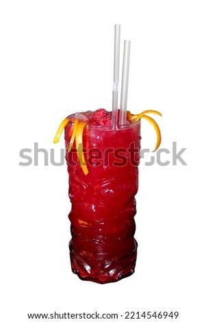 Alcoholic and non-alcoholic cocktail with raspberry and orange on a white background, isolated red cocktail with ice, red cocktail, vitamin drink with fresh berries, orange peel chips