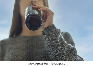  Alcohol,minor Girl Drinking Beer In A Bottle On The Street With Friends