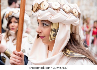 Alcoy, Alicante, Valencia Community, Spain 04222022. Entrance Of Moors And Christians Parade Officially Declared Of International Tourist Interest Since 1980 Celebration Of The Day Of St. George, Patr