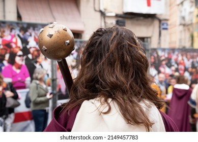 Alcoy, Alicante, Valencia Community, Spain 04222022. Entrance Of Moors And Christians Parade Officially Declared Of International Tourist Interest Since 1980 Celebration Of The Day Of St. George, Patr