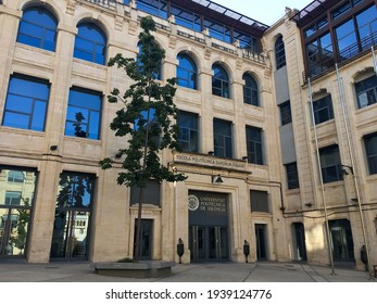 Alcoy, Spain - September 23, 2017: Facade Of The Building Of The Polytechnic University Of Valencia In Alcoy, Empty During The Weekend.