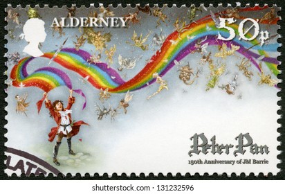 ALDERNEY - CIRCA 2010: A Stamp Printed In Alderney Shows Scene From Peter Pan, By David Wyatt, 150th Anniversary Of The Birth Of JM Barrie, Circa 2010