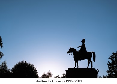 ALDERSHOT, UNITED KINGDOM - Feb 19, 2022: Duke of Wellington Statue shot at twilight as a silhouette