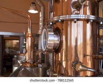 Alembic Still For Making Alcohol Inside Distillery, Destilling Spirits