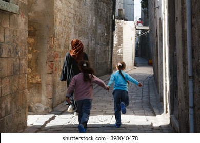 Aleppo, Syria. Street Photography. Children Run On The Street