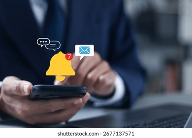 Alert notification concept. Push Notifications, Web Reminders, Time Table and Announcements. Businessman with virtual notification icon.