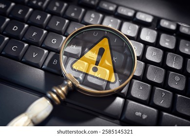Alert warning exclamation mark notification on computer keyboard with magnifying glass for network security, malware or  virus threat and privacy error