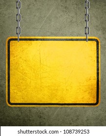 Alert Yellow Sign Hanging By Metal Chain, Conceptual Image For Under Construction And Coming Soon