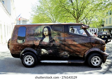 ALES, FRANCE - APRIL 11: Van Bedford 1980 painted on the theme of Leonardo da Vinci photographed at the rally of vintage cars on the Town Hall Square of the city of Ales, April 11, 2015.