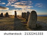 Ales stenar megalithic monument near Ystad in southern Sweden, shadow of the biggest stone