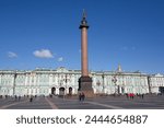 Alexander Column on Palace Square, State Hermitage Museum (Winter Palace) in the background, UNESCO World Heritage Site, St. Petersburg, Russia, Europe