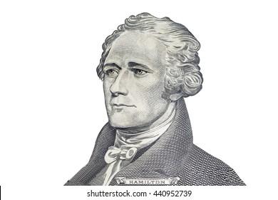"Alexander Hamilton" face on US ten or 10 dollars bill macro, united states money closeup on white background