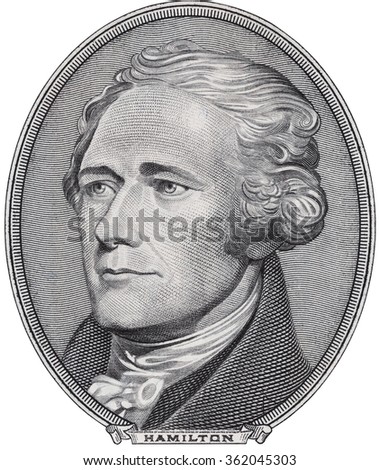 Alexander Hamilton face on us ten dollar bill isolated, 10 usd, united states money closeup