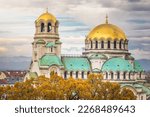 Alexander Nevski cathedral square in Sofia at dramatic autumn sunset, Bulgaria, Eastern Europe