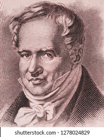 Alexander Von Humboldt Portrait On East German 5 Mark (1964) Banknote Close Up Macro. Famous German  Geographer, Naturalist And Explorer, Geography Scientist.