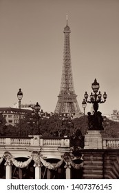 Alexandre III bridge and Eiffel Tower in Paris, France.