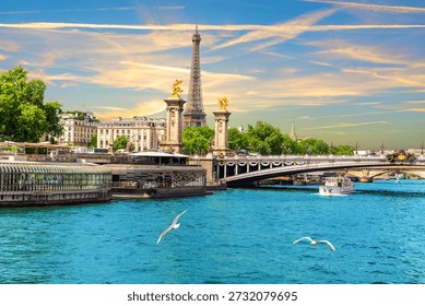 Alexandre III Bridge with Eiffel Tower and Boats on the Seine River, Paris, France