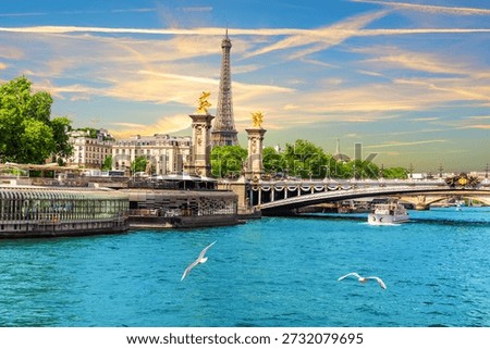 Alexandre III Bridge with Eiffel Tower and Boats on the Seine River, Paris, France