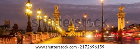 Alexandre III Bridge at violet twilights, Paris, France, web banner
