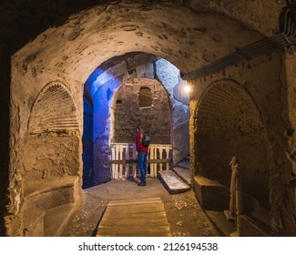 Alexandria, Cairo - January 2022: The catacombs of Kom El Shoqafa is a historical archaeological site located in Alexandria, Egypt, and is considered one of the Seven Wonders of the Middle Ages.