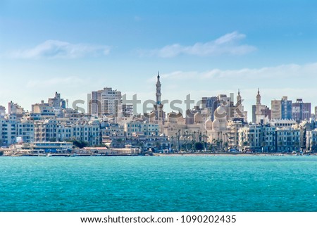 Alexandria, Egypt - 21 February 2018: View of Alexandria harbor, buildings