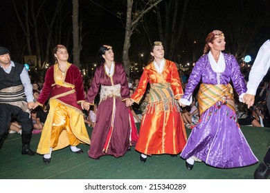 ALEXANDROUPOLIS, GREECE - AUG 8, 2014: Dance groups in traditional costumes of Thrace, dancing in Wine Festival 2014 in Alexandroupolis, Greece