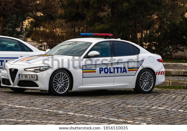 Alfa\
Romeo Giulia police car, Romanian police (Politia Rutiera) in a\
special intervention in Bucharest, Romania,\
2020.