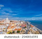 Alfama district and National Pantheon also called Santa Engracia Church, in Lisbon, Portugal. Aerial drone view