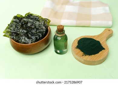 Algae Based Oil, Seaweed Alternative Vegan Oil, Spirulina. Selective Focus. Alternative Oil