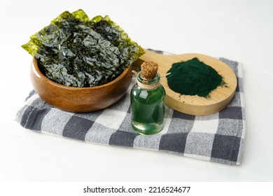 Algae Based Oil, Seaweed Alternative Vegan Oil, Spirulina. Selective Focus. Alternative Oil